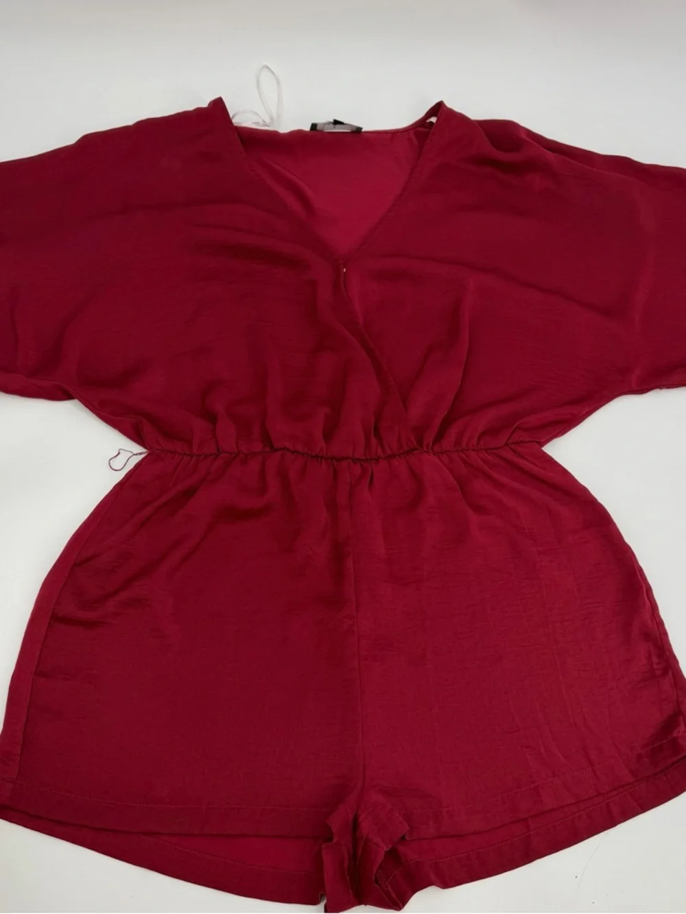 Lulu's Romper Womens M Dark Red Satin Plunge Neck Caftan Sleeves - missing belt